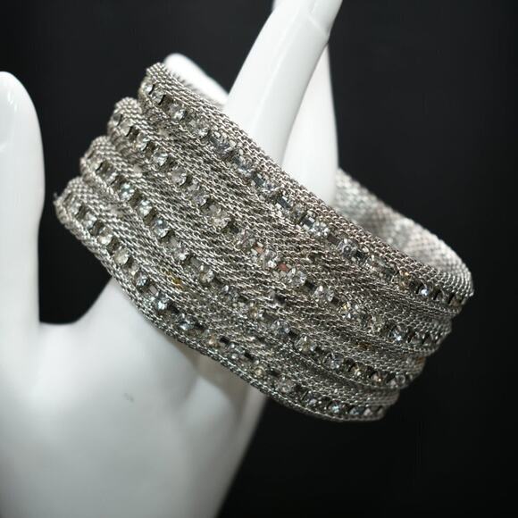 Vintage Wide Rhinestone Silver Tone Bracelet, Magnetic Clasp, 7 1/2 Inches - Picture 2 of 7